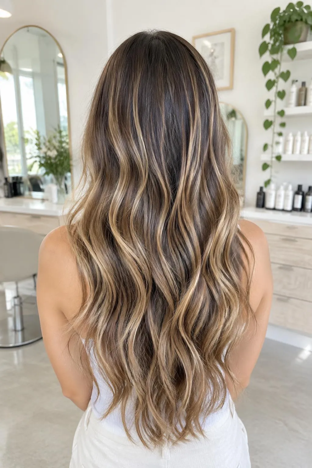 Blonde balayage hair swatch on cream marble with rose gold scissors