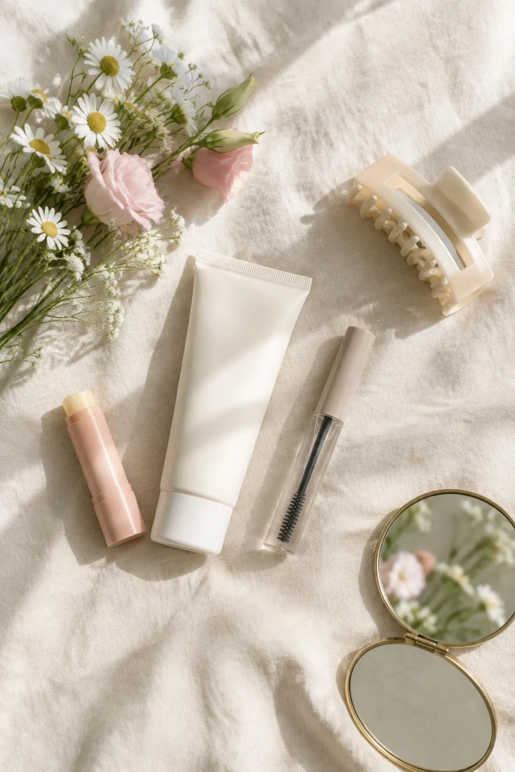 Beauty serums and cream on soft blush silk