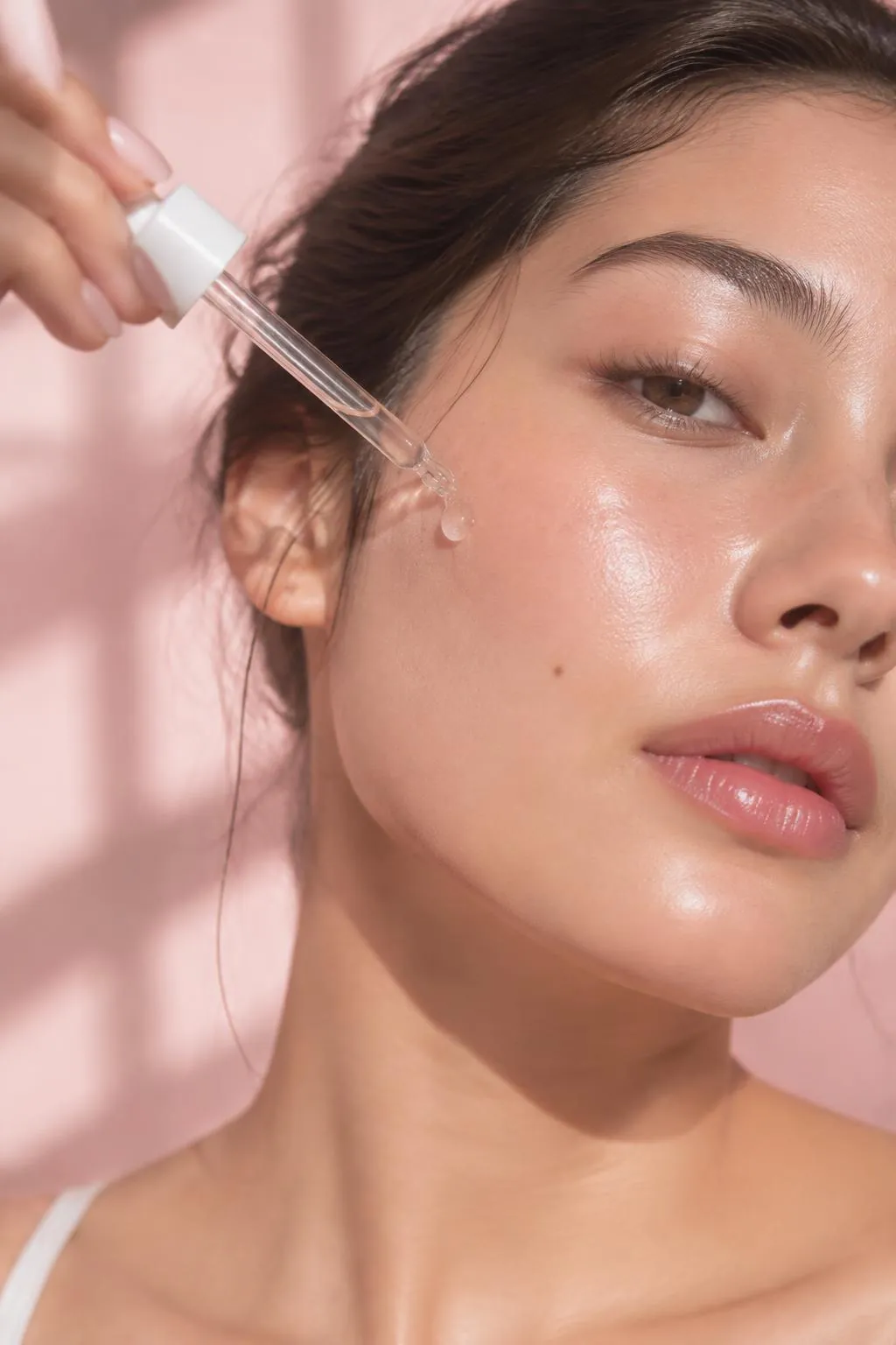 Luxury skincare serums and cream jars on blush silk fabric