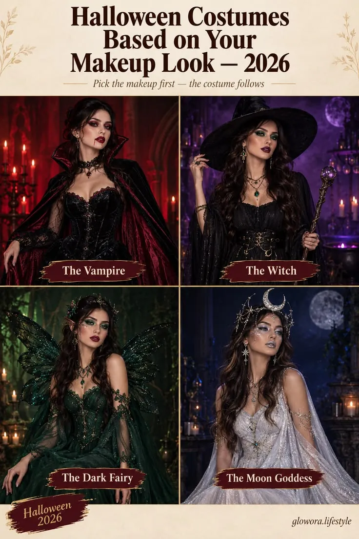 Halloween 2026 costumes based on your makeup look: the vampire, the witch, the dark fairy and the moon goddess