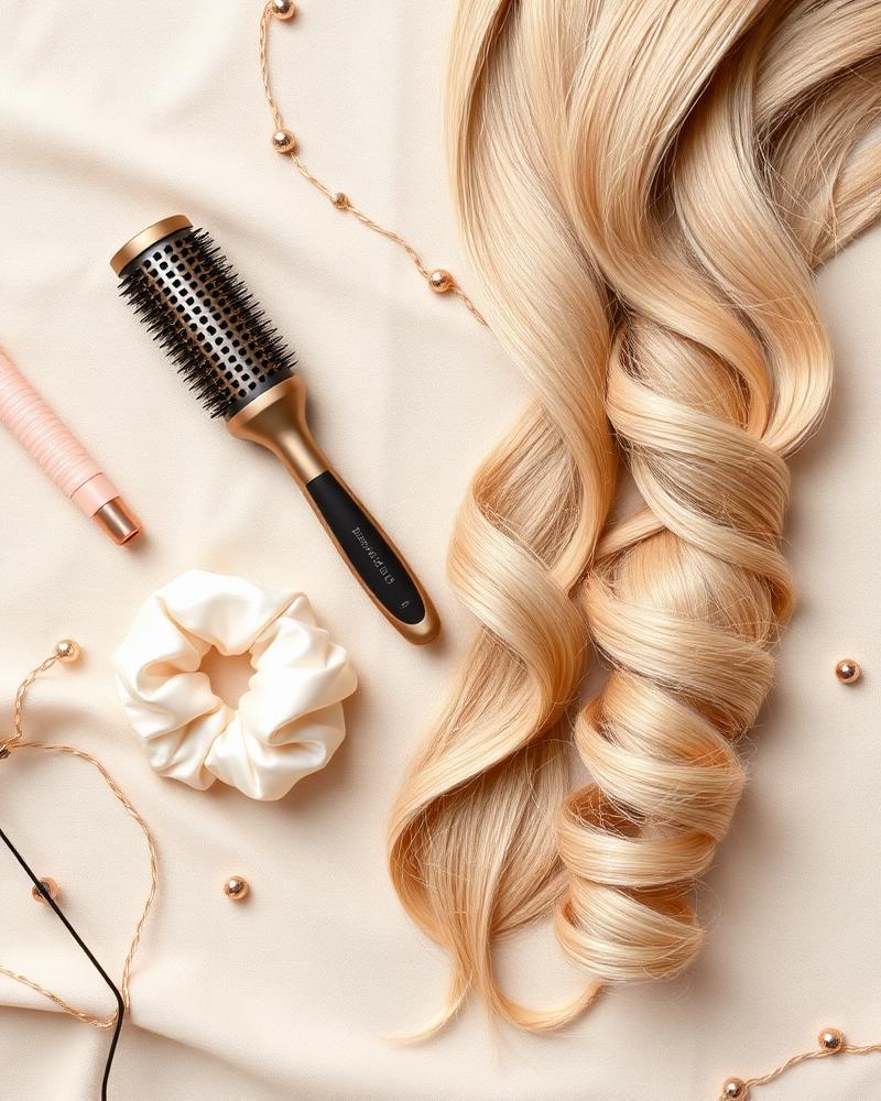 Soft blonde waves styled with a silk scrunchie and brush