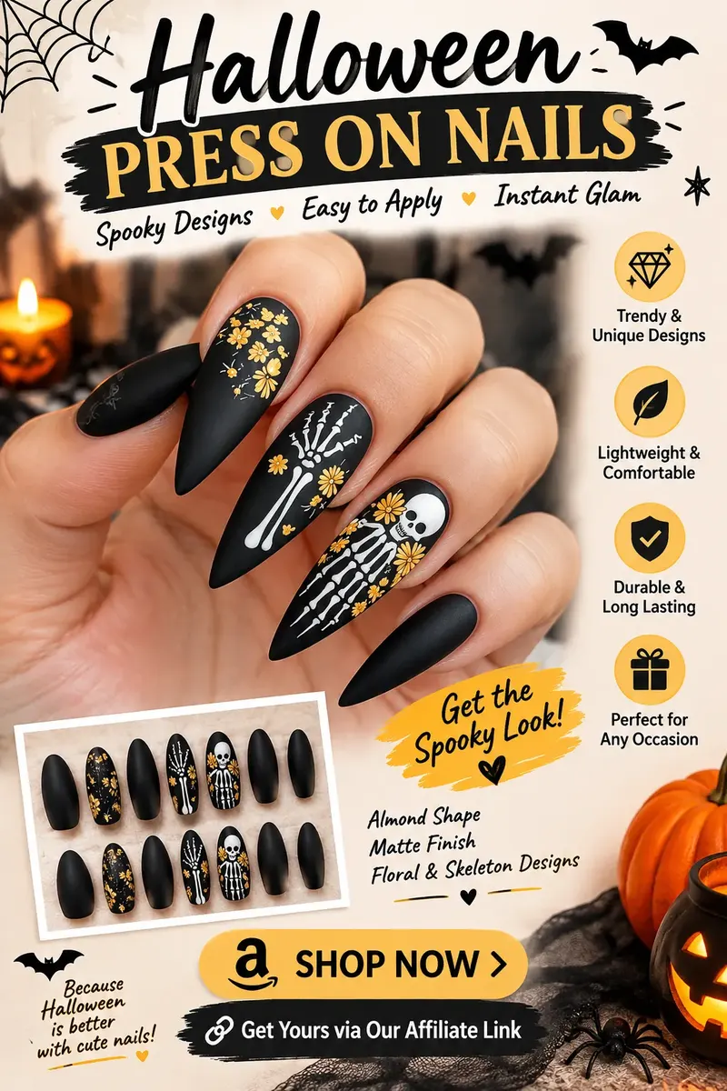 Black Halloween press-on nails with gold flowers and white skeleton designs
